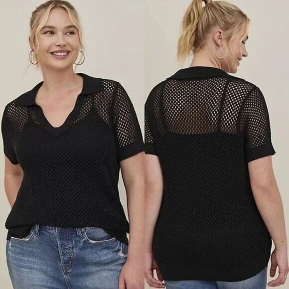 NWT Torrid Open Pointelle Knit Black Collard Short Sleeve Sweater Top size 1X - Picture 1 of 9